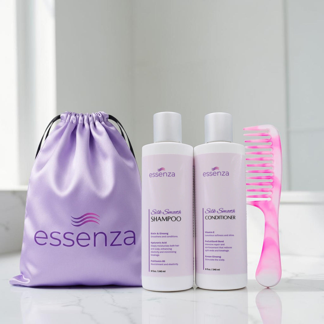 Dúo Essenza Shampoo y Acondicionador con CEPILLO DESENREDANTE y bulto satinado