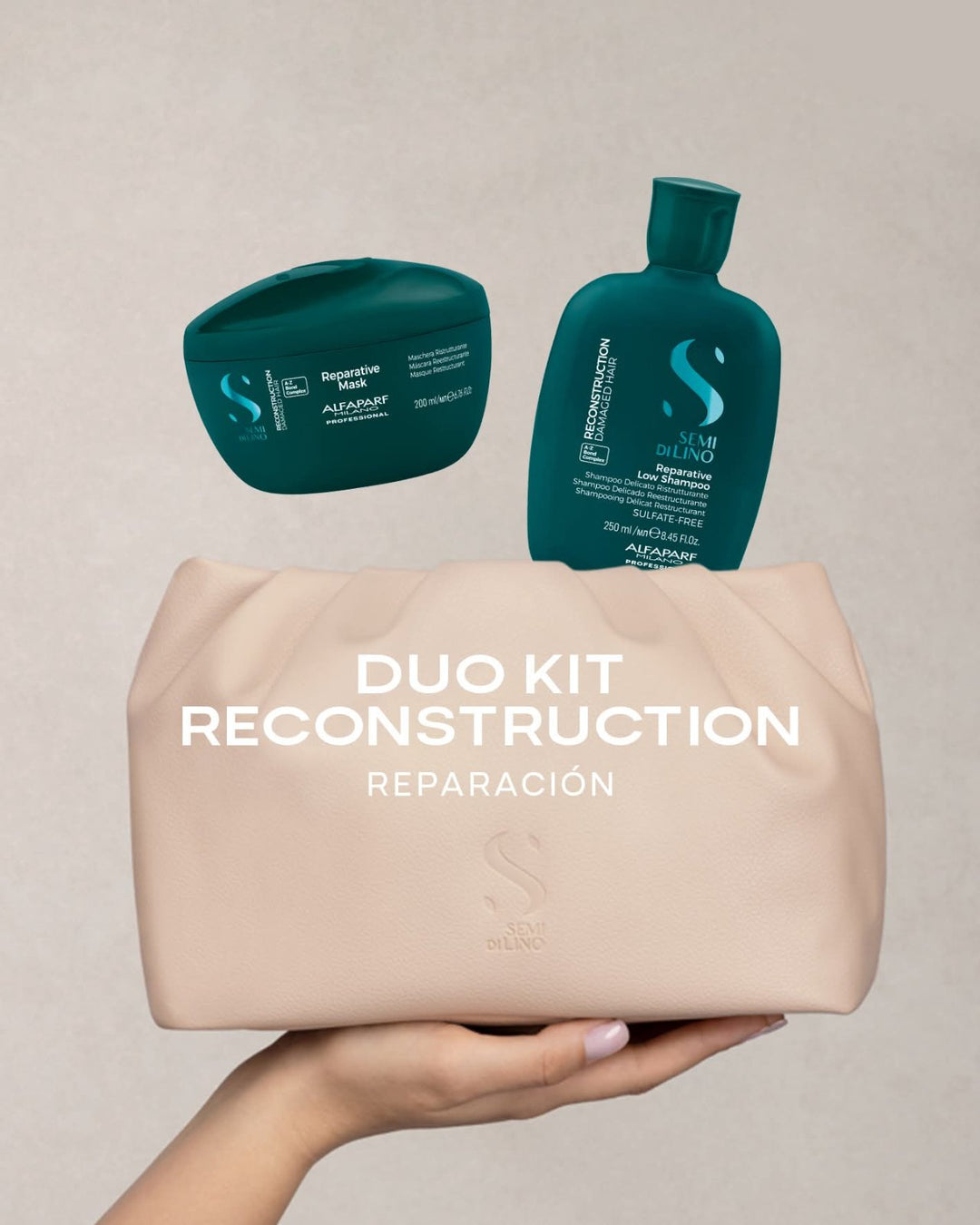 El Alfaparf Semi di Lino Reconstruction Repair Duo Bag está diseñado para ayudar a reconstruir el cabello desde el interior mientras protege su superficie, devolviéndole fuerza, suavidad y brillo.