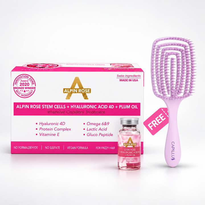 6 ampollas de Alpine Rose células madre tratamiento capilar para cabello seco y maltratado con cepillo desenredante gratis