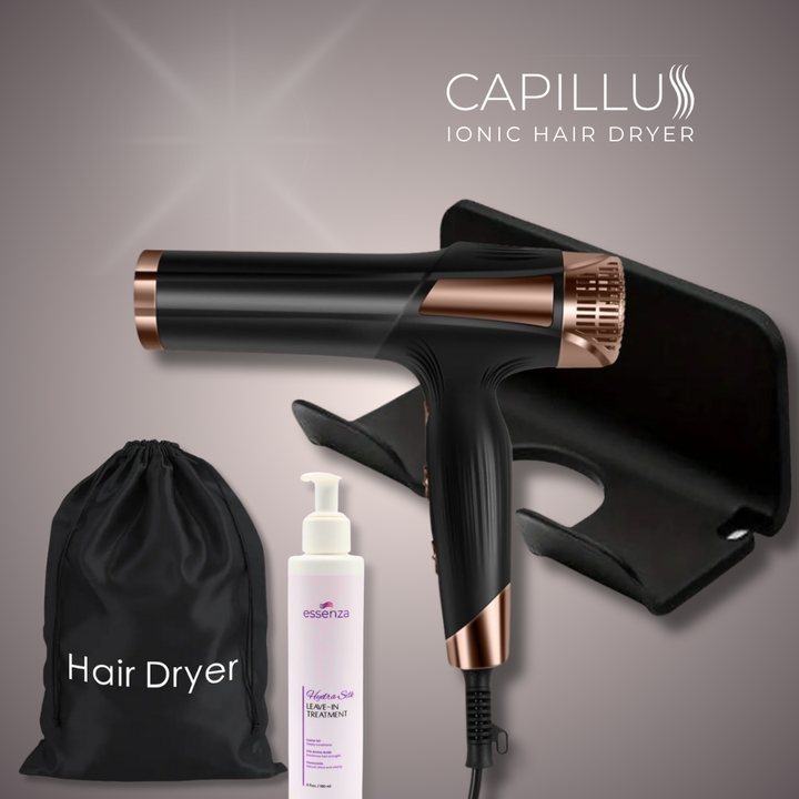 Kit Capillus Ionic Hair Dryer con blower profesional iónico, Leave-In Essenza, soporte de pared y bolsa protectora — secado rápido, brillo y cuidado capilar avanzado.