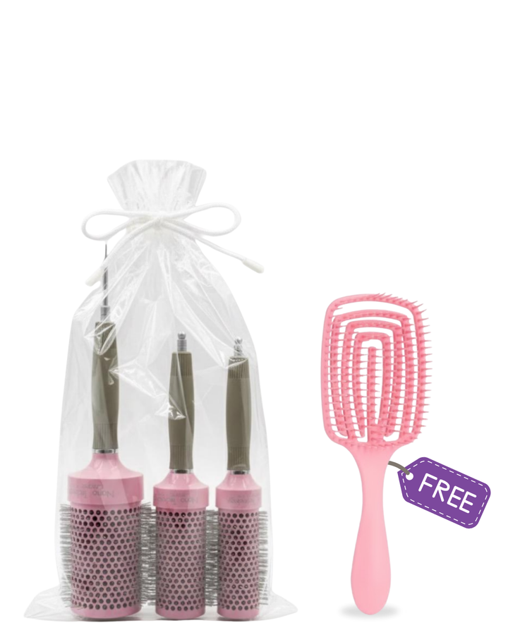 Kit de tres (3) Cepillos Profesionales Nano Titanio con Iones y Cerámica – Anti frizz y Brillo + Cepillo Desenredante GRATIS