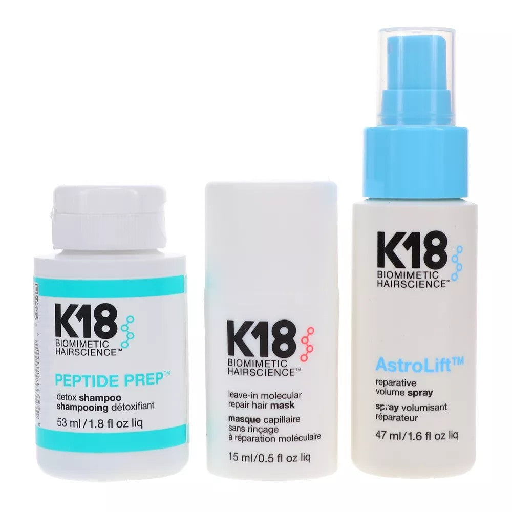 Descubre K18 Future Faves Minis con Detox Shampoo, Molecular Repair Mask y AstroLift Volume Spray en tamaños mini para limpiar, tratar y dar volumen.