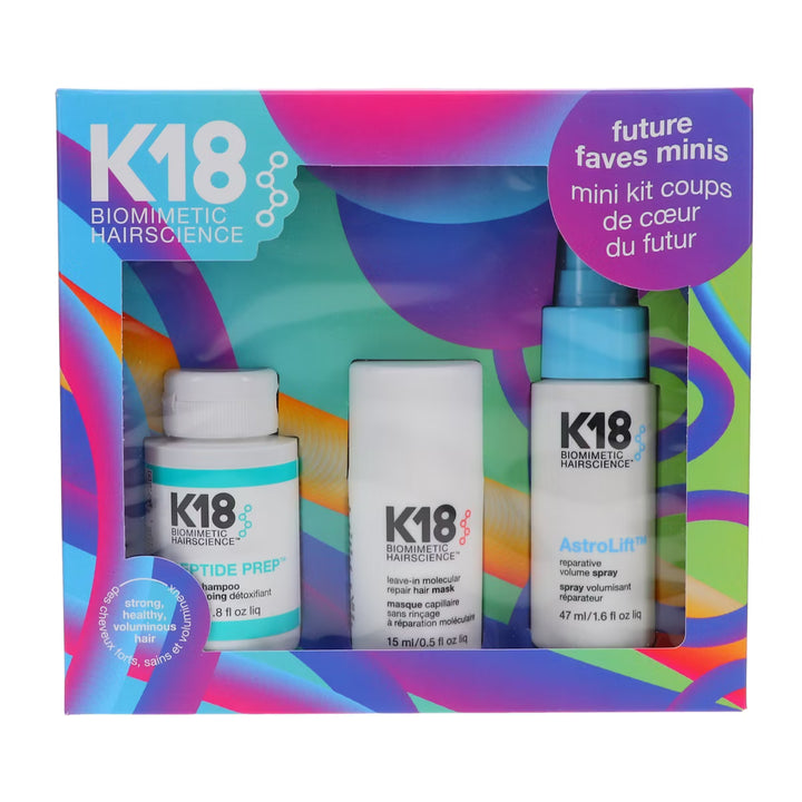Descubre K18 Future Faves Minis con Detox Shampoo, Molecular Repair Mask y AstroLift Volume Spray en tamaños mini para limpiar, tratar y dar volumen.