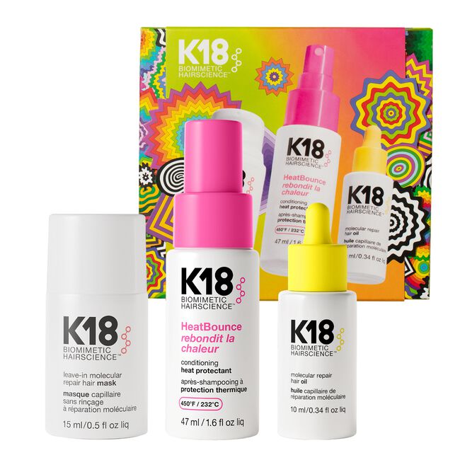 Repara, protege del calor y controla el frizz con K18. Incluye Molecular Repair Mask, HeatBounce y Molecular Repair Hair Oil en una rutina completa.