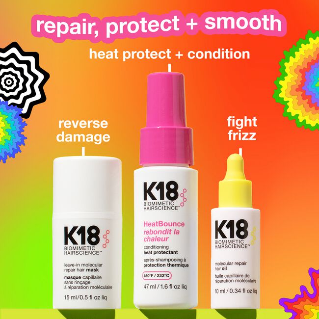 Repara, protege del calor y controla el frizz con K18. Incluye Molecular Repair Mask, HeatBounce y Molecular Repair Hair Oil en una rutina completa.