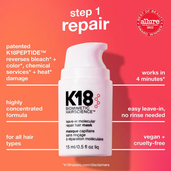 Repara, protege del calor y controla el frizz con K18. Incluye Molecular Repair Mask, HeatBounce y Molecular Repair Hair Oil en una rutina completa.