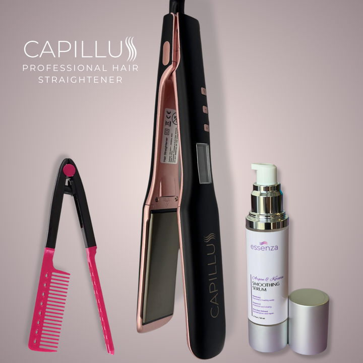 Kit Capillus Nano-Ceramic con plancha profesional, protector térmico Essenza Smoothing serum1 y peinilla de planchado — cuidado capilar completo con brillo y protección térmica.