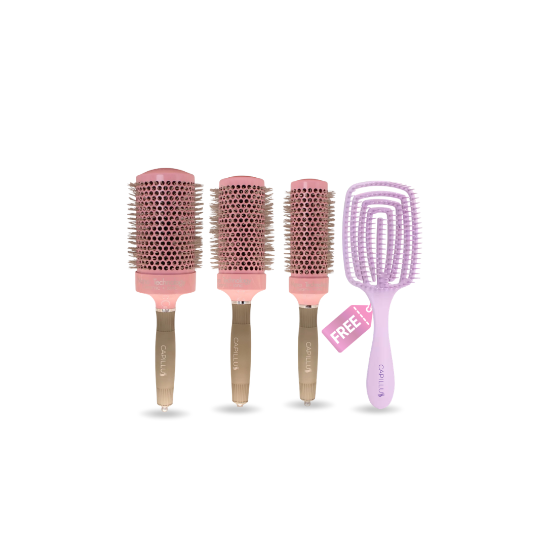 KIT DE TRES CEPILLOS PROFESIONALES CAPILLUS CON TECNOLOGÍA DE NANO TITANIO Y RECUBRIMIENTO EN CERAMICA, INCLUYE CEPILLO DESENREDANTE DE REGALO