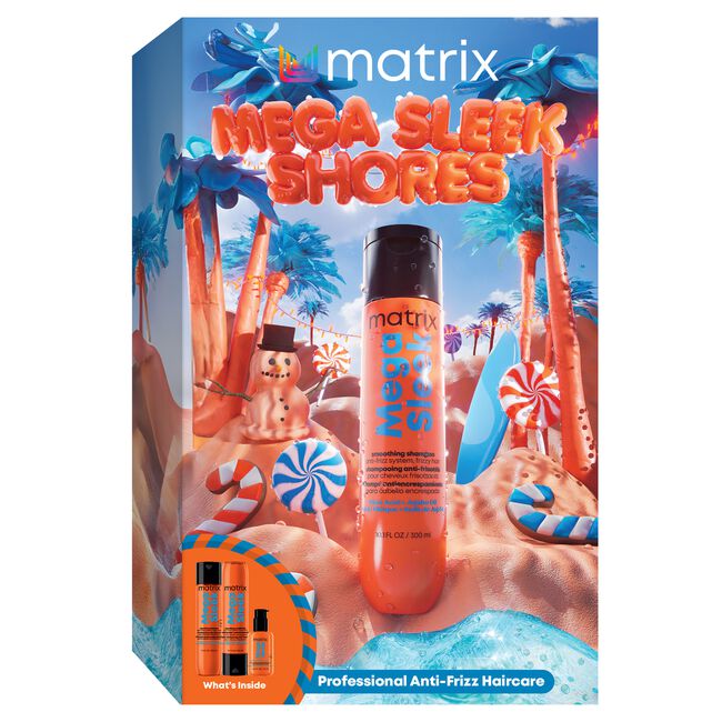 Matrix Mega Sleek Shores Holiday Kit con shampoo, acondicionador y 96H Anti-Frizz Topcoat