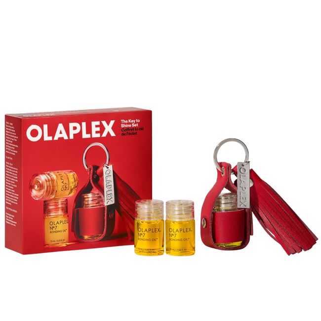 OLAPLEX The Key To Shine Holiday Set con tres mini Nº.7 Bonding Oil y llavero porta aceite rojo de edición limitada