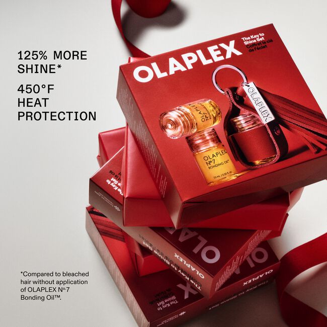 OLAPLEX The Key To Shine Holiday Set con tres mini Nº.7 Bonding Oil y llavero porta aceite rojo de edición limitada