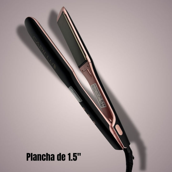Plancha Capillus profesional de 1.5 pulgadas con placas nano-cerámicas iónicas, perfecta para cabello abundante o largo. Proporciona suavidad, brillo y resultados de salón en menos tiempo.