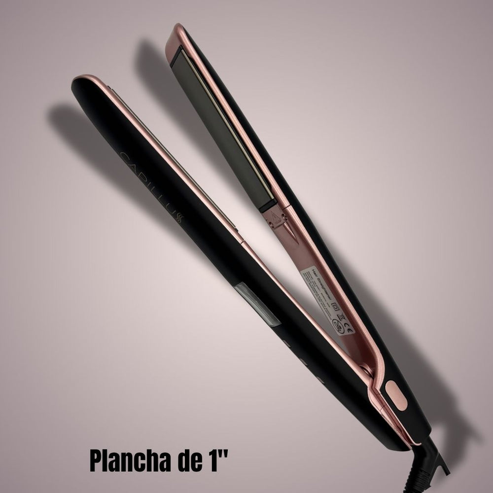 Plancha profesional Capillus de 1 pulgada con tecnología nano-cerámica iónica, ideal para alisar, sellar brillo y controlar el frizz. Incluye diseño ergonómico y cable giratorio.