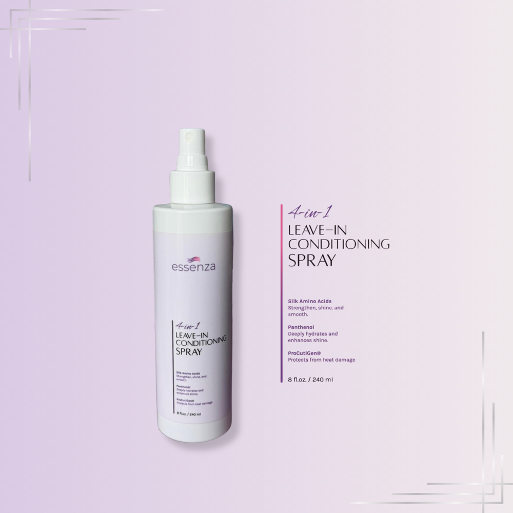 Spray sin enjuague Essenza 4-en-1 que fortalece, hidrata, controla el frizz y protege tu cabello del calor