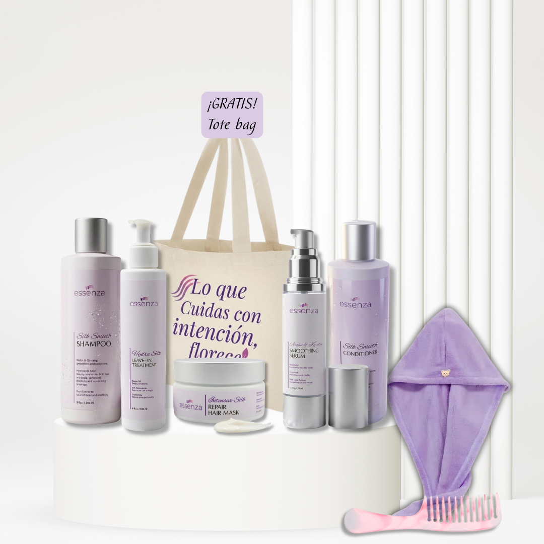 Rutina completa Essenza para hidratar, reparar y controlar el frizz. Incluye shampoo, acondicionador, mascarilla, leave-in, serum y accesorios gratis.