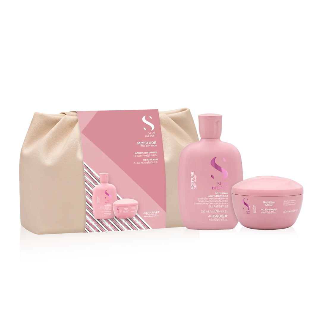 Devuélvele la hidratación y suavidad a tu cabello con este exclusivo kit de Alfaparf Milano. Diseñado especialmente para cabellos secos, incluye el Nutritive Low Shampoo, la Nutritive Mask y un elegante pouch de regalo para guardar tus esenciales.