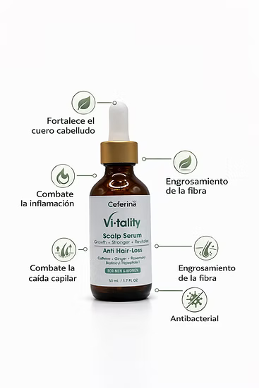 Scalp Serum Vitality con Procapil®, Biotynoil®, cafeína, romero y aceite de amla. Ayuda a fortalecer el cuero cabelludo y mejorar la apariencia de densidad y volumen del cabello.