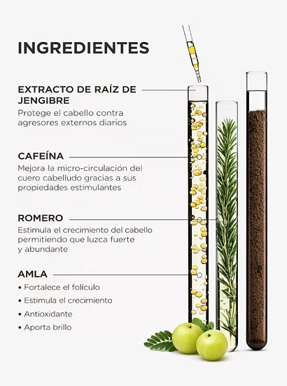 Scalp Serum Vitality con Procapil®, Biotynoil®, cafeína, romero y aceite de amla. Ayuda a fortalecer el cuero cabelludo y mejorar la apariencia de densidad y volumen del cabello.