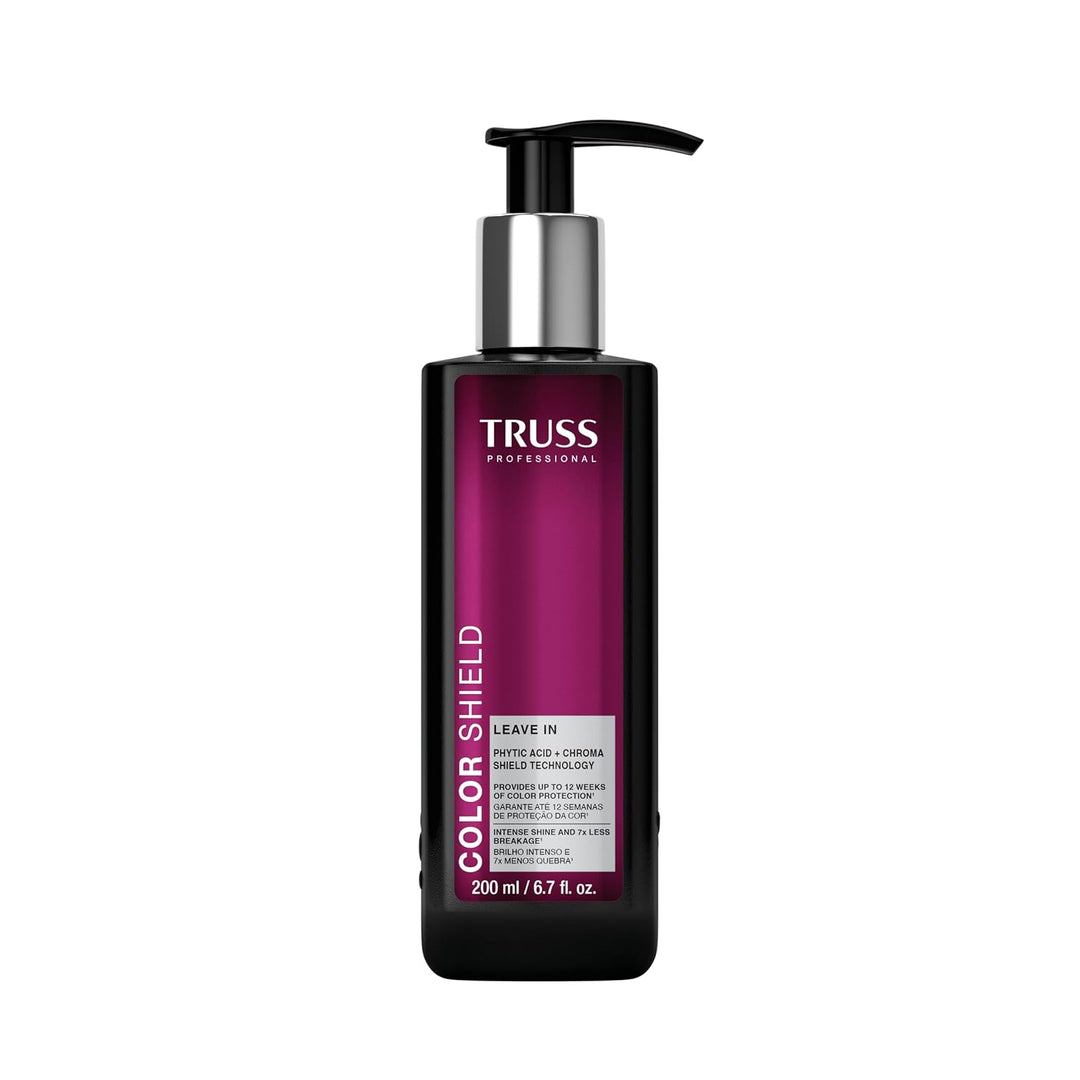 TRUSS Color Shield Leave-In de 200 ml, tratamiento sin enjuague en botella negra con etiqueta magenta y dispensador, protector térmico y UV para cabello teñido.