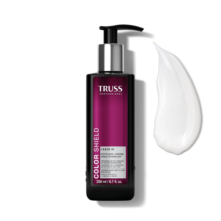 TRUSS Color Shield Leave-In de 200 ml, tratamiento sin enjuague en botella negra con etiqueta magenta y dispensador, protector térmico y UV para cabello teñido.