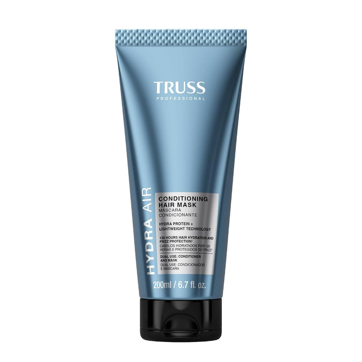 TRUSS Hydra Air Cond Mask de 200 ml, acondicionador y mascarilla hidratante 2 en 1 en envase azul con tapa negra, para suavidad y control del frizz.