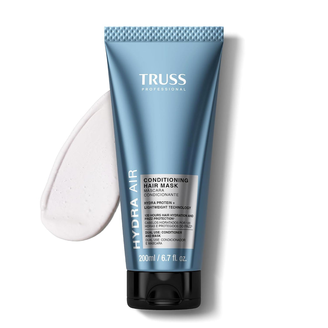 TRUSS Hydra Air Cond Mask de 200 ml, acondicionador y mascarilla hidratante 2 en 1 en envase azul con tapa negra, para suavidad y control del frizz.