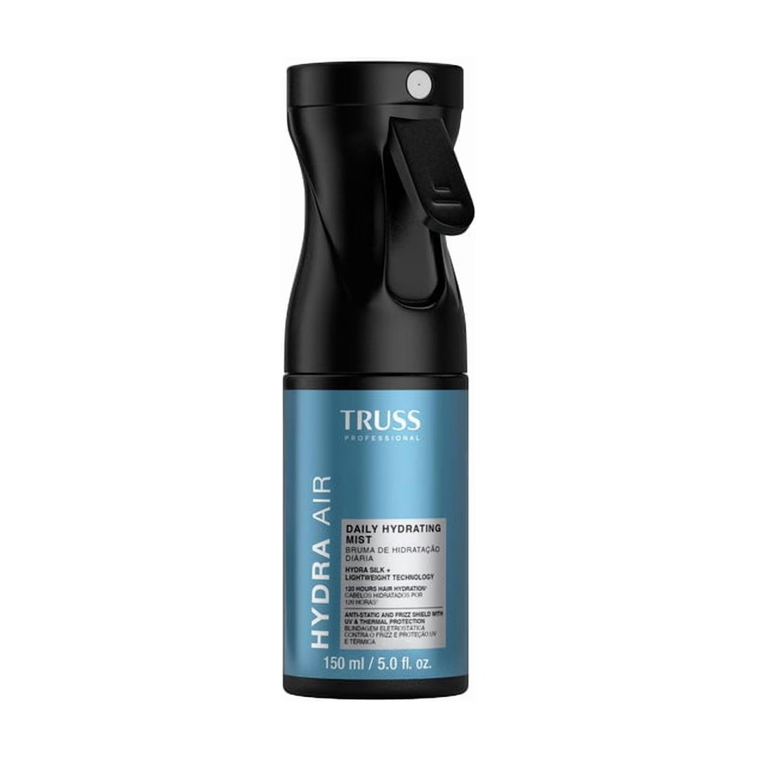 TRUSS Hydra Air Daily Hydrating Hair Mist de 150 ml, bruma hidratante en envase azul con atomizador negro, protección térmica hasta 480 °F, control de frizz y protección UV.