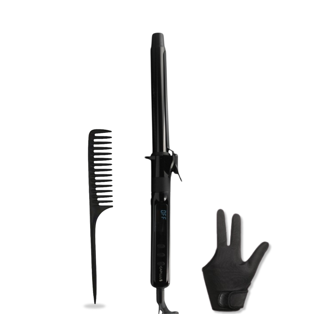 tenaza profesional Capillus para crear rizos y ondas con acabado de salon. Gratis la peinilla y el guante termal