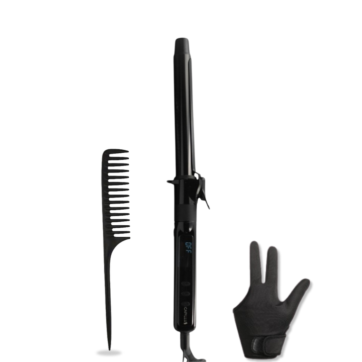 tenaza profesional Capillus para crear rizos y ondas con acabado de salon. Gratis la peinilla y el guante termal