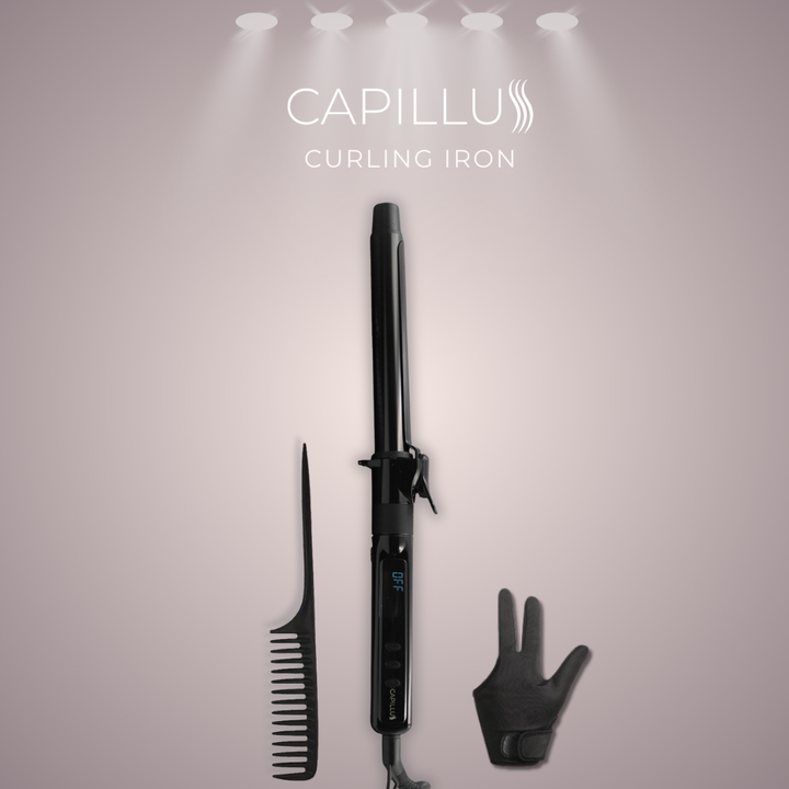 Tenaza rizadora Capillus profesional 1 pulgada color negro con guante y peinilla.