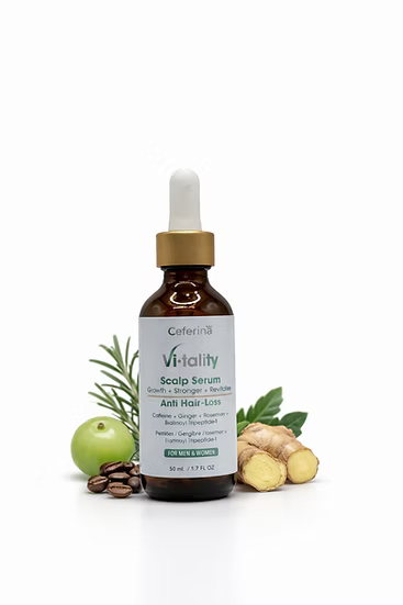 Scalp Serum Vitality con Procapil®, Biotynoil®, cafeína, romero y aceite de amla. Ayuda a fortalecer el cuero cabelludo y mejorar la apariencia de densidad y volumen del cabello.