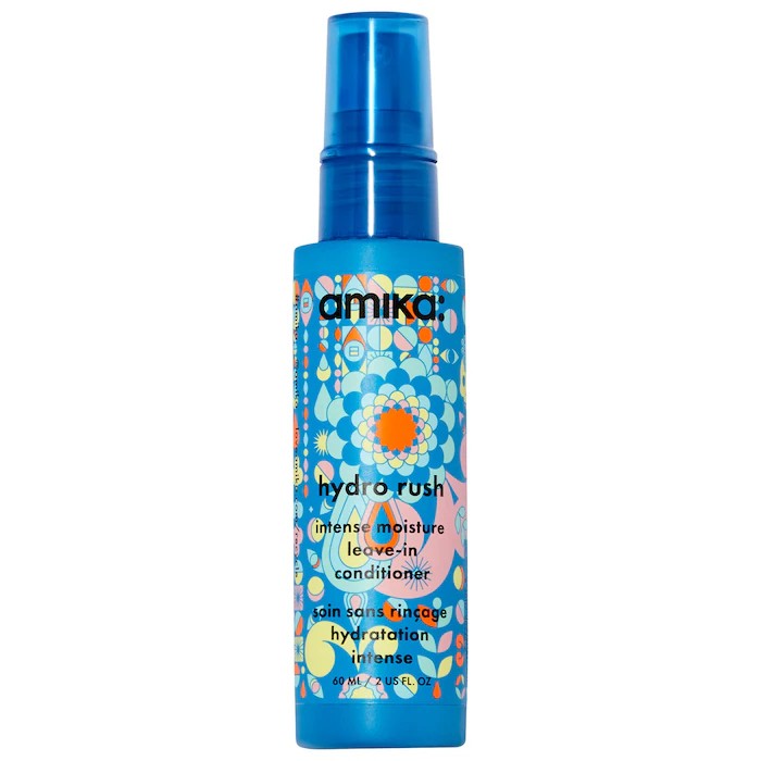 Amika Hydro Rush Leave-In Conditioner con ácido hialurónico para hidratación intensa y suavidad.