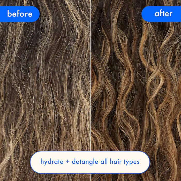 Resultado antes y después del Amika Hydra Rush: cabello hidratado y definido
