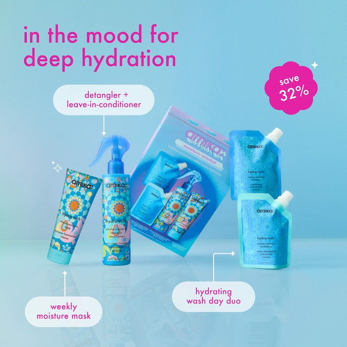 Set Amika Hydra Rush con shampoo, acondicionador y mascarilla.