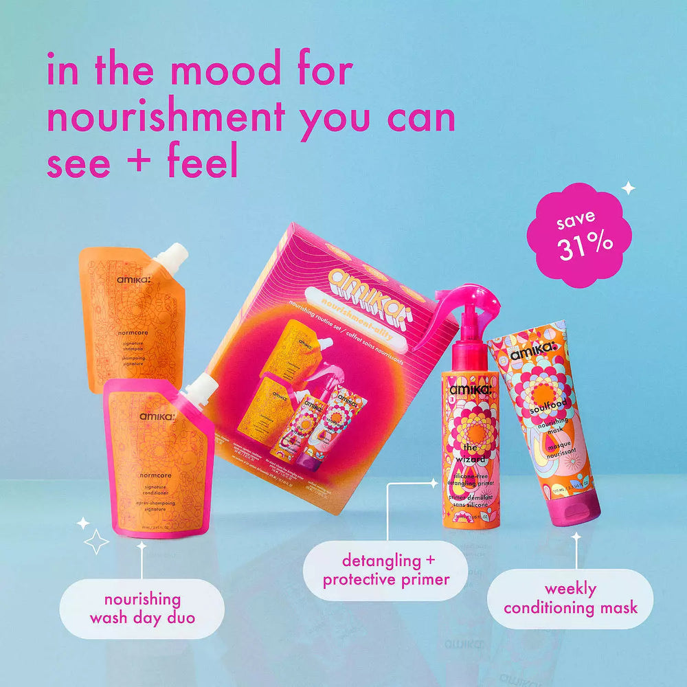 Imagen promocional del Amika Nourishment Holiday Kit que nutre y suaviza el cabello.