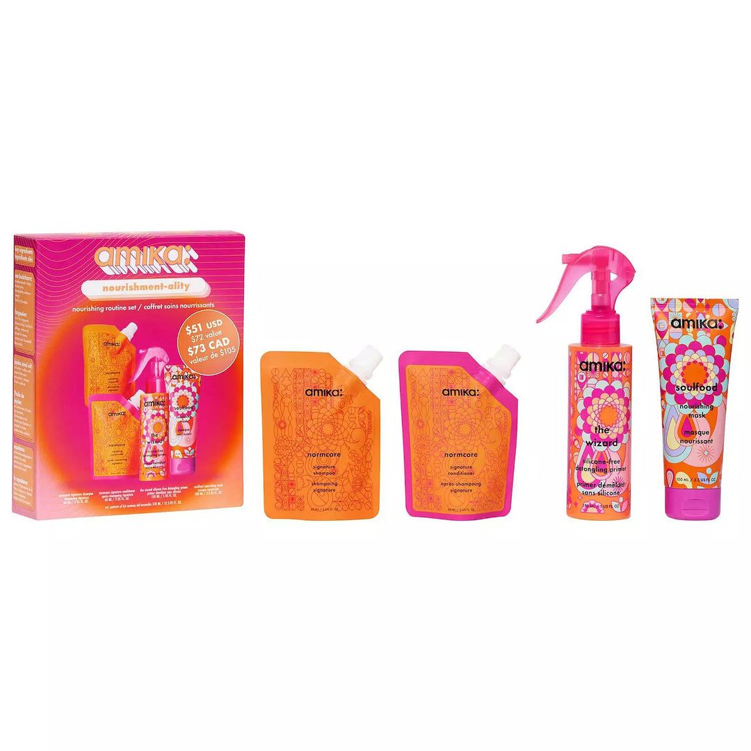 Imagen promocional del Amika Nourishment Holiday Kit que nutre y suaviza el cabello.
