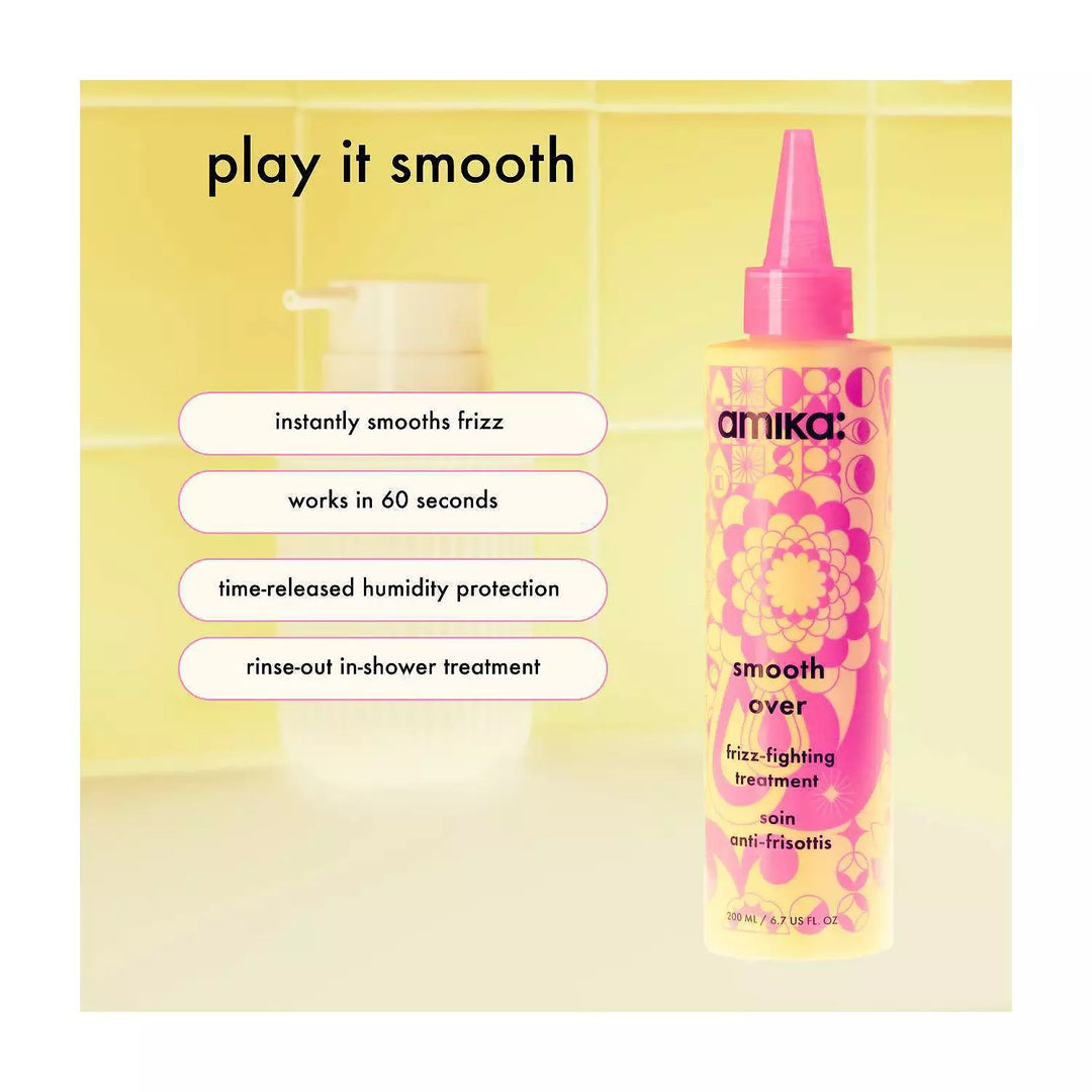 Beneficios del Amika Smooth Over: alisa, protege y reduce el frizz en 60 segundos.