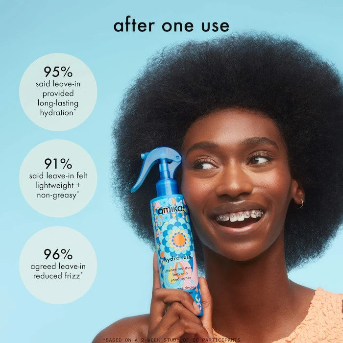 Amika Hydro Rush Leave-In Conditioner con ácido hialurónico para hidratación intensa y suavidad.