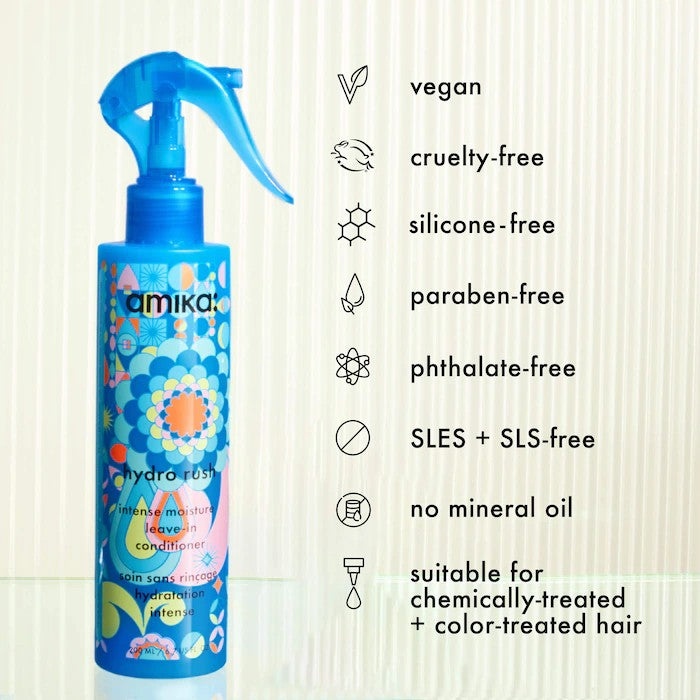 Amika Hydro Rush Leave-In Conditioner con ácido hialurónico para hidratación intensa y suavidad.