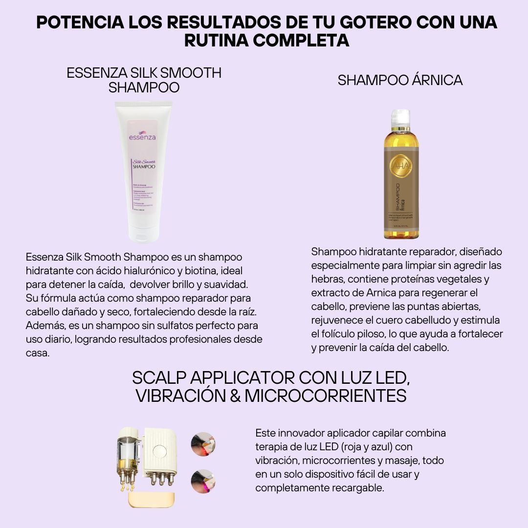 Rutina capilar Capillus para crecimiento: gotero, shampoo y masajeador que estimulan la raíz y fortalecen el cabello desde el cuero cabelludo
