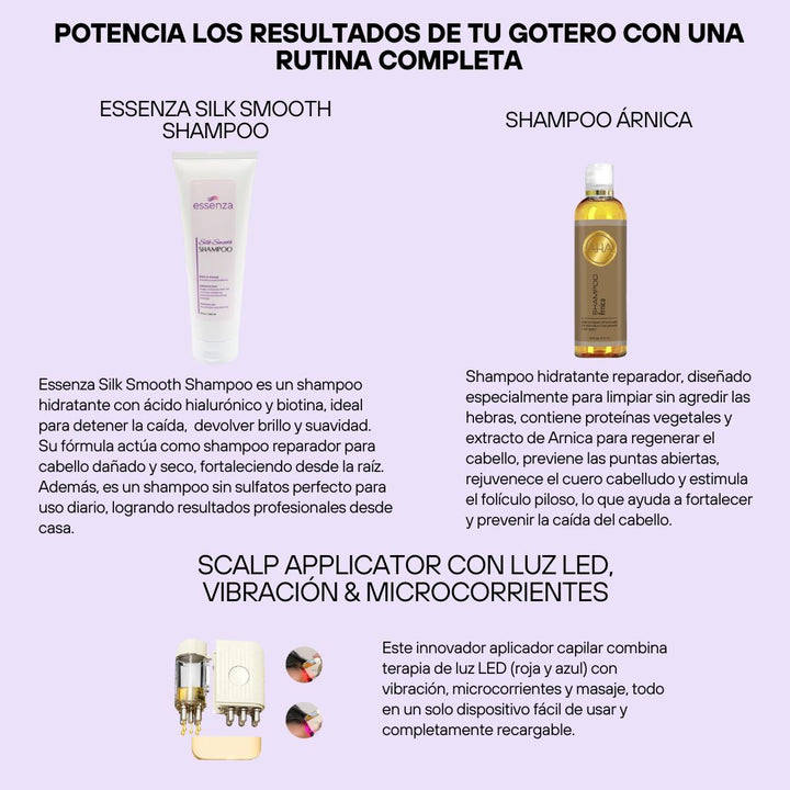 Rutina capilar Capillus para crecimiento: gotero, shampoo y masajeador que estimulan la raíz y fortalecen el cabello desde el cuero cabelludo