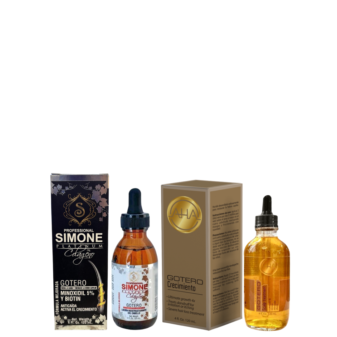 Dúo de goteros Simone Professional: Platinum Colágeno y Árnica AHA para crecimiento intensivo, fortalecimiento y control de la caída capilar.