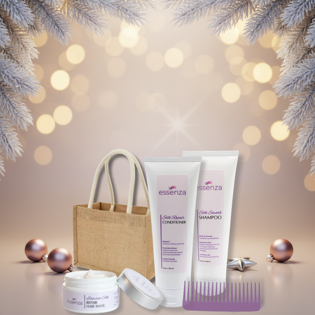 Kit Essenza con shampoo, acondicionador, mascarilla, cepillo Nano Titanium, peine lavanda y tote bag Winter Edition.