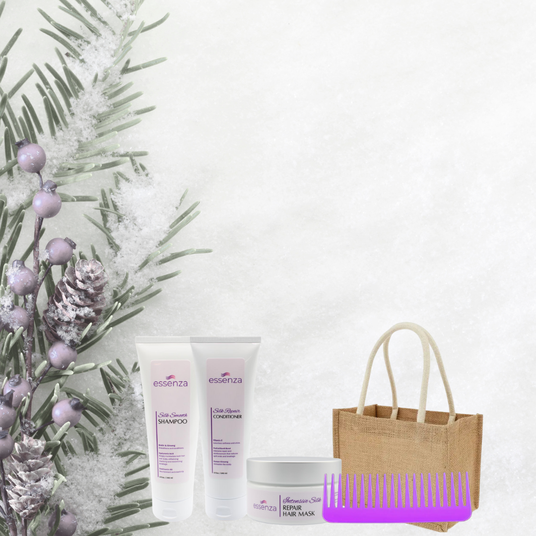 Kit Essenza con shampoo, acondicionador, mascarilla, cepillo Nano Titanium, peine lavanda y tote bag Winter Edition.