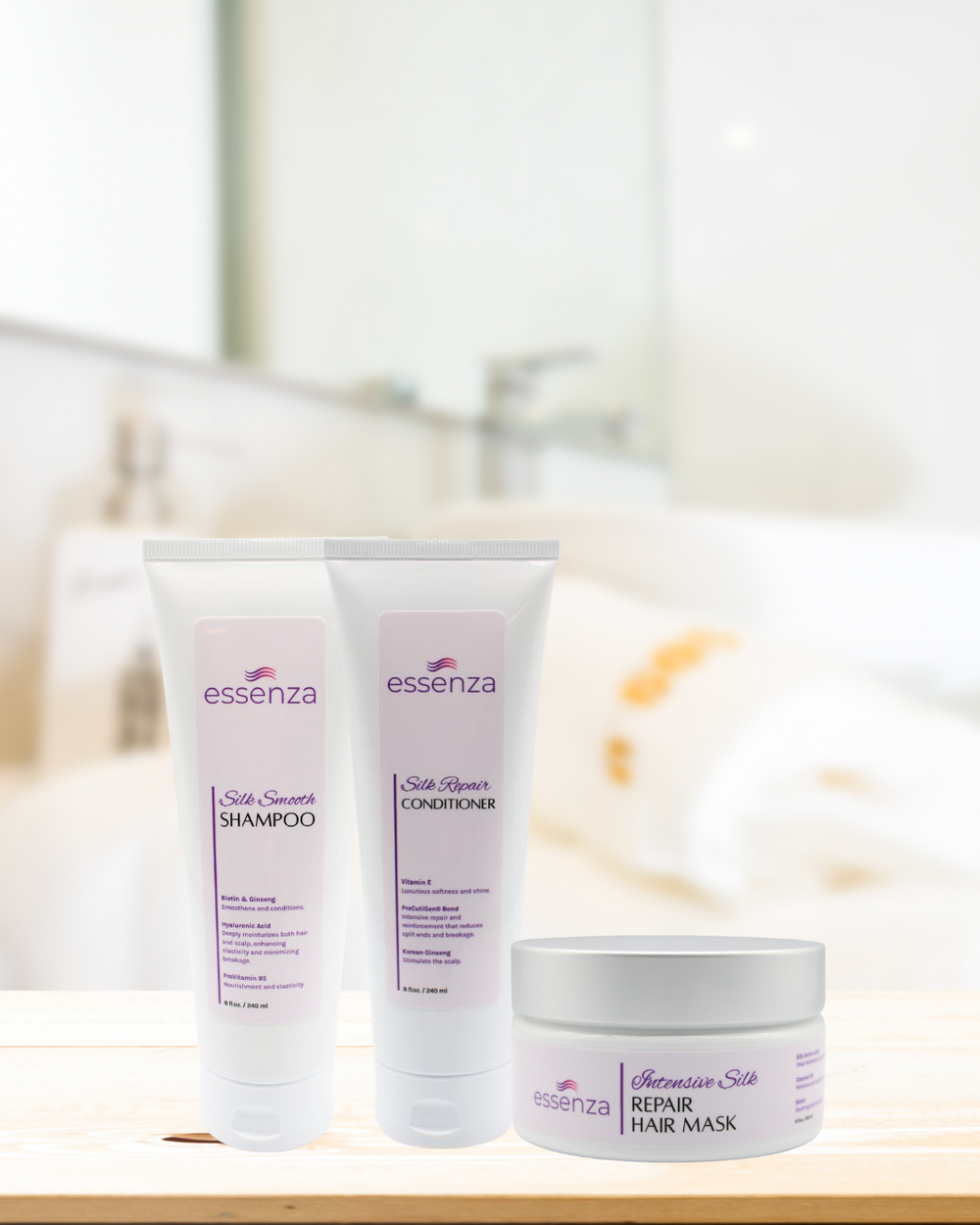 Rutina completa de cuidado capilar Essenza: shampoo, acondicionador y mascarilla reparadora para cabello seco, maltratado o dañado