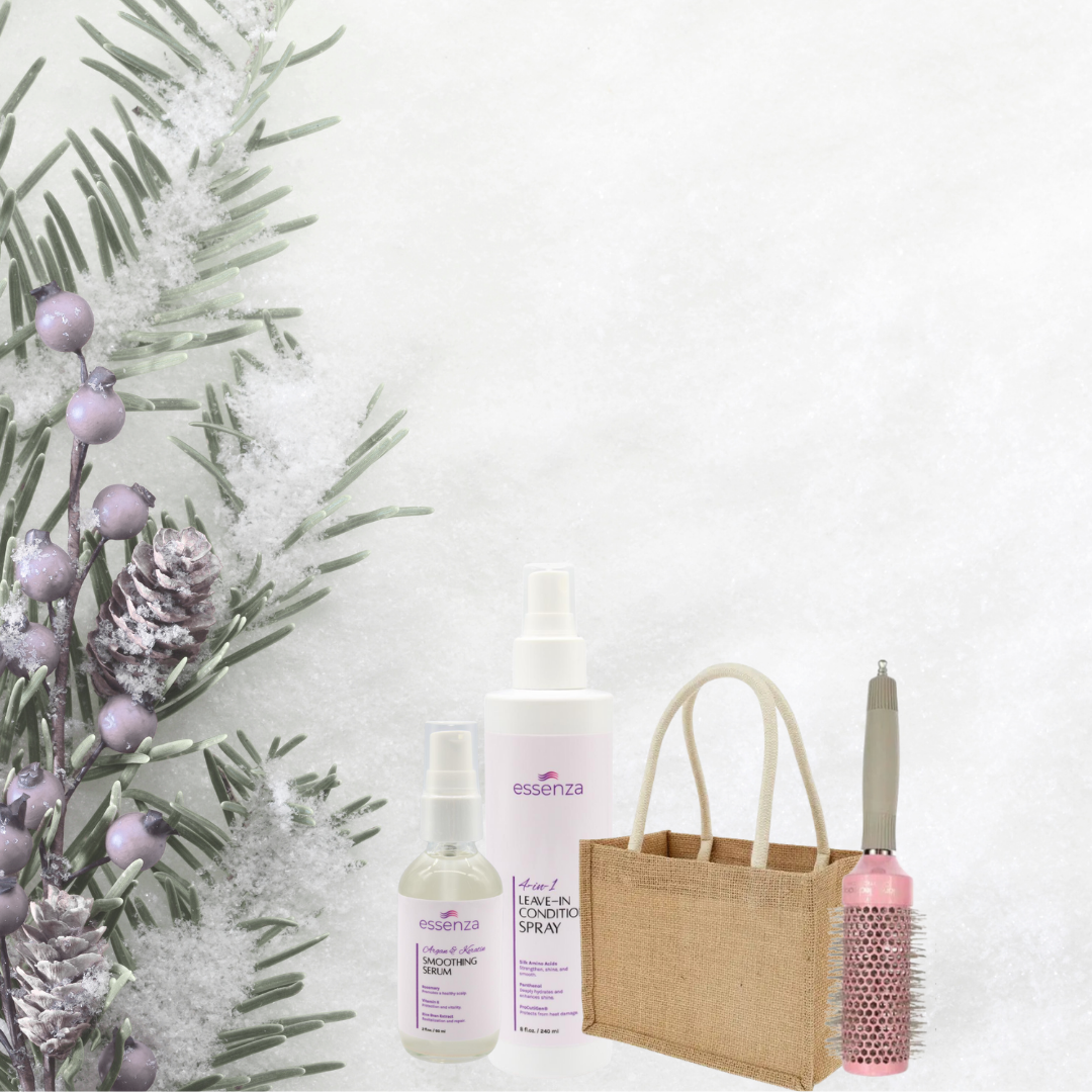Kit Essenza con protector térmico, sérum, cepillo nano titanium, peine lavanda y tote bag Winter Edition.