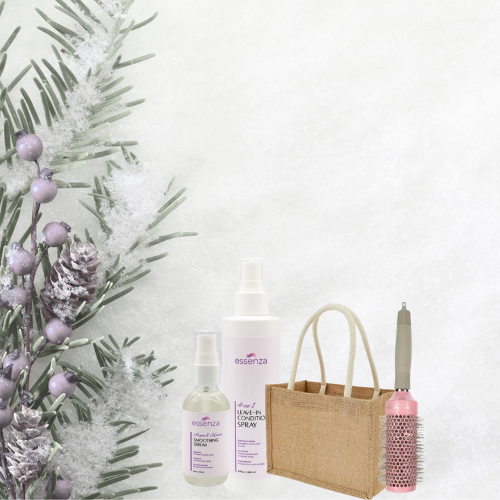 Kit Essenza con protector térmico, sérum, cepillo nano titanium, peine lavanda y tote bag Winter Edition.