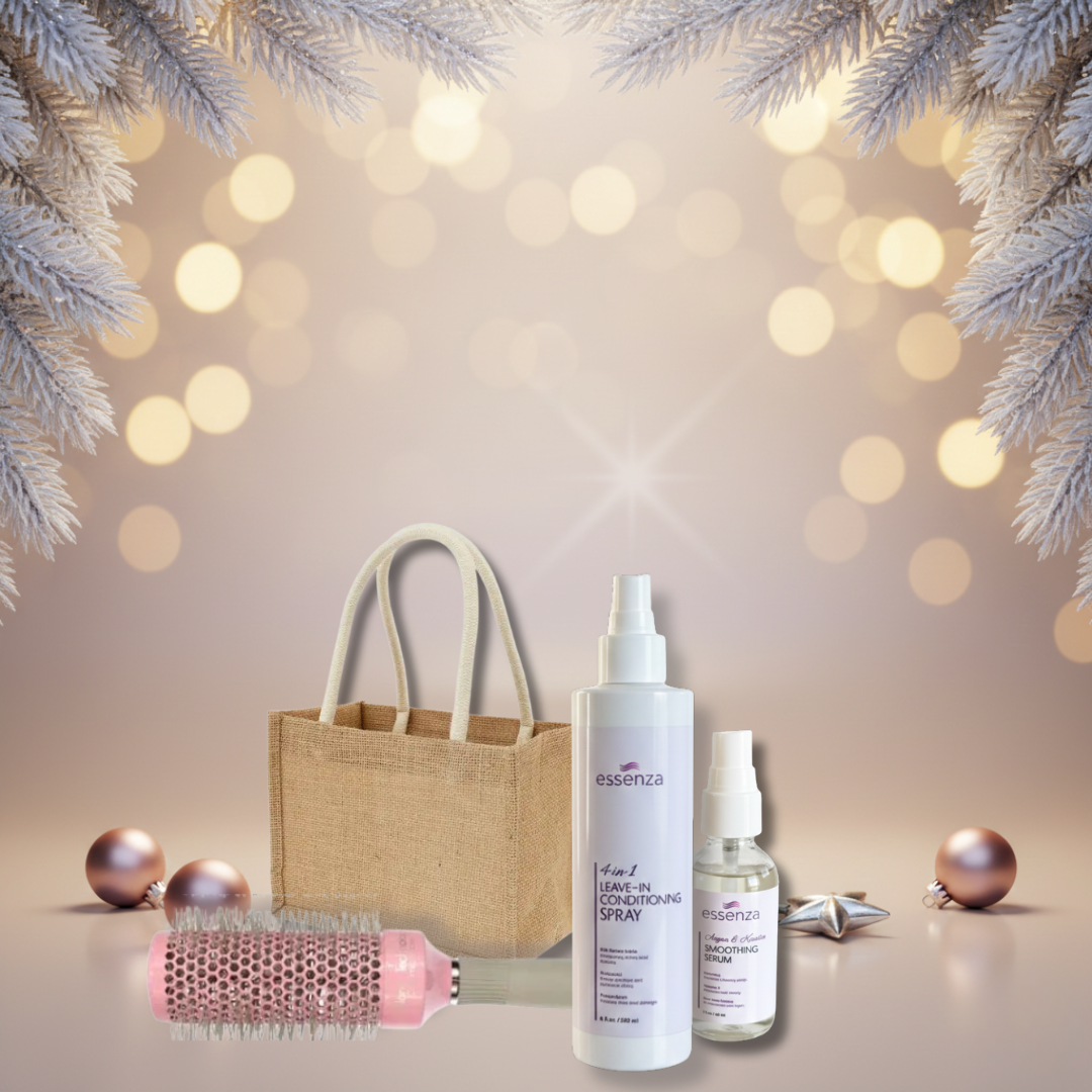 Kit Essenza con protector térmico, sérum, cepillo nano titanium, peine lavanda y tote bag Winter Edition.