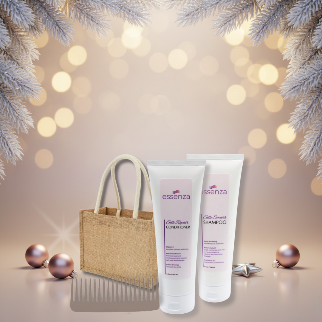 Dúo Essenza Shampoo y Acondicionador con peine lavanda y bolsa reutilizable, edición Winter Glow.