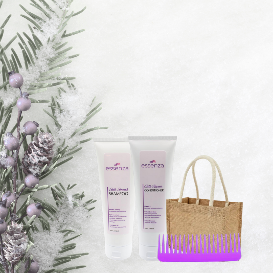 Dúo Essenza Shampoo y Acondicionador con peine lavanda y bolsa reutilizable, edición Winter Glow.